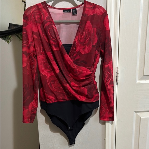 Koral Tops - Koral Red and Black Long Sleeve Wrap Bodysuit